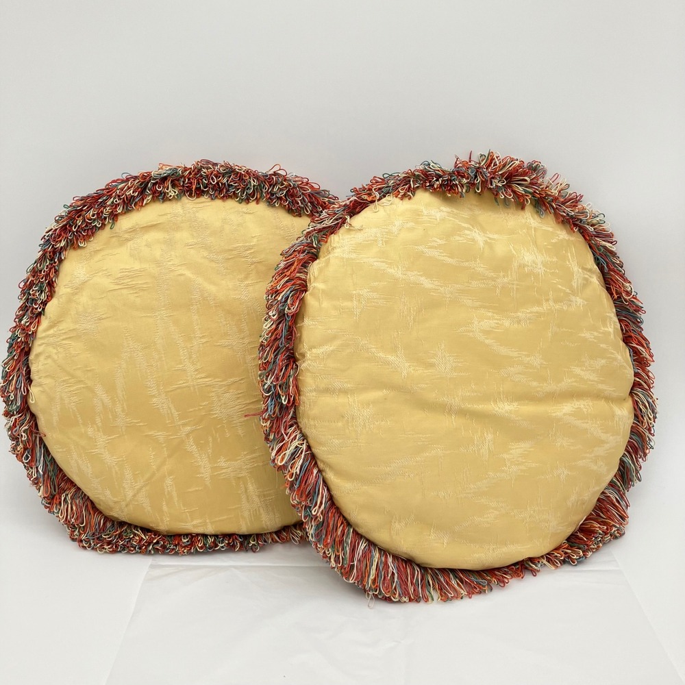 Pair of Vintage Hollywood Regency Round Throw Pillows Gold Brocade Multi Fringe